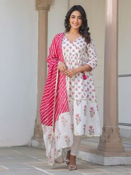 Janasya - White And Pink Cotton Floral Printed Angrakha Kurta with Pant & Dupatta (Set of 3)