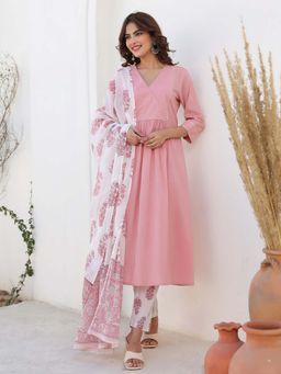 Janasya - Women's Light Pink Cotton Floral Printed A-Line Kurta & Pant with Dupatta (Set of 3)