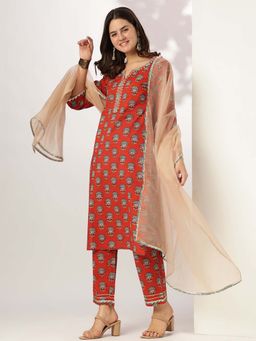 Janasya - Red Cotton Floral Printed Embroidered Straight Kurta & Pant with Dupatta (Set of 3)
