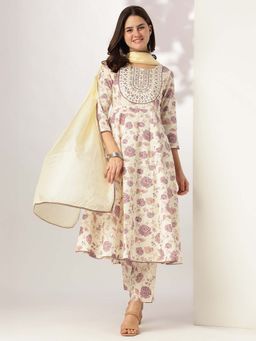 Janasya - Off White Cotton Floral Embroidered Anarkali Kurta with Pant & Dupatta (Set of 3)