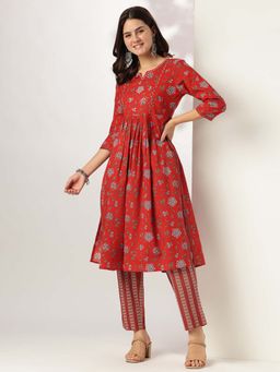 Janasya - Women's Red Cotton Floral Printed A-Line Kurta & Pant (Set of 2)