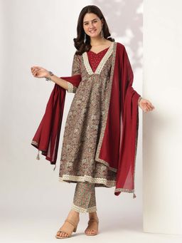 Janasya - Women's Sage Green Cotton Floral Printed Anarkali Kurta with Pant & Dupatta (Set of 3)