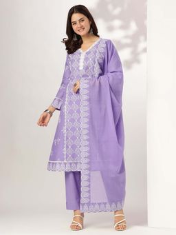 Janasya - Women's Lavender Cotton Motifs Printed A-Line Kurta & Pant with Dupatta (Set of 3)