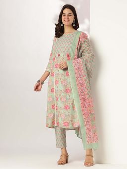 Janasya - Women's Green Pure Cotton Floral Printed A-Line Kurta & Pant with Dupatta (Set of 3)