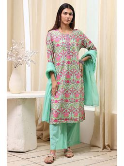 Biba - Women Green-Pink Viscose Straight Kurta with Palazzo & Dupatta (Set of 3)