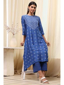 Biba - Women Blue Shantoon Asymmetric Kurta & Pant (Set of 2)