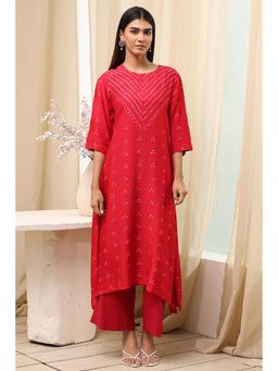 Biba - Women Red Shantoon Asymmetric Kurta & Pant (Set of 2)