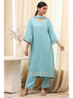 Biba - Women Dull Blue Viscose Rayon A-Line Kurta & Pant with Dupatta (Set of 3)