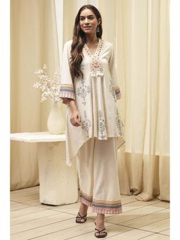 Biba - Women Off-White Cotton Asymmetric Co-Ord (Set of 2)