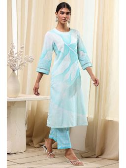 Biba - Women Turquoise Viscose Blend Straight Printed Kurta & Pant (Set of 2)