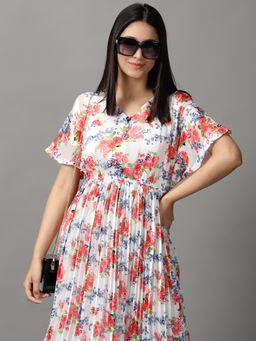 SHOWOFF - Womens Round Neck Midi White Floral Dress