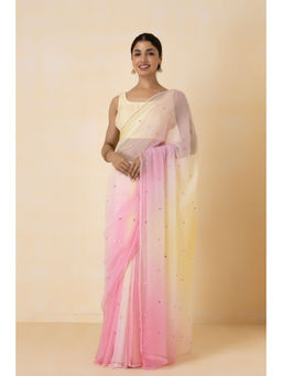 Geroo Jaipur - Pastel Pink Shaded Hand Embroidered Chiffon Saree