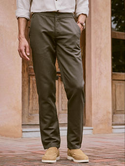 Andamen - Men Olive Casual Cotton Linen Textured Trouser