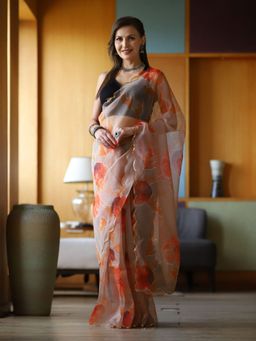 Odette - Peach Organza Printed Saree with Unstitched Blouse