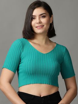 SHOWOFFFF - Womens V-Neck Fitted Solid Turquoise Crop Top