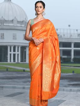 Beatitude - Orangish Yellow Shade Banarasi Silk Woven Saree with Unstitched Blouse