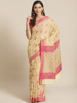 Indethnic - Banarasi Yellow Woven Design Work Wear Saree With Unstitched Blouse