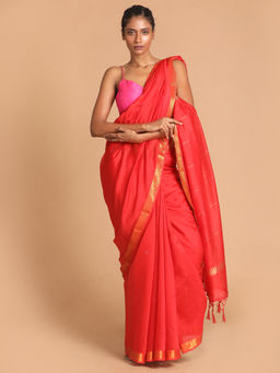 Indethnic - Banarasi Red Solid Work Wear Saree With Unstitched Blouse