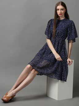 SHOWOFF - Womens Round Neck Polka Dots Navy Blue Midi Dress
