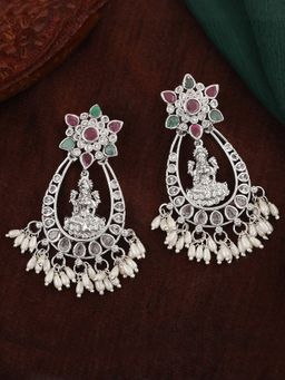 Estele - Rhodium Plated CZ Lakshmi Devi Designer Earrings With Pearls For Women