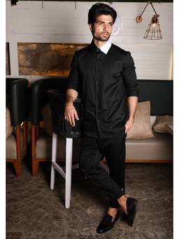 Echke - Black Men Collar Neck Solid Co-Ord Set