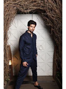Echke - Navy Blue Men Linen Mandarin Neck Solid Co-Ord Set