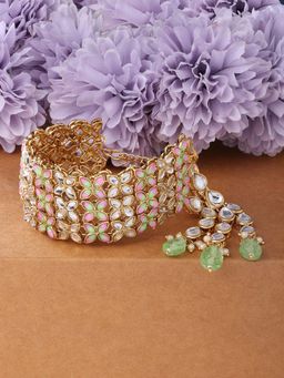 Zaveri Pearls - Pink & Green Stones Studded Traditional Bracelet-ZPFK13796