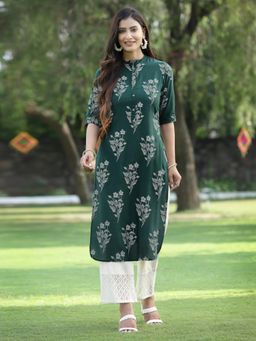 Juniper - Jade Green Bandhani Printed Rayon Slub Straight Kurta with Buttons