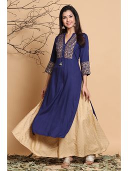 Juniper - Indigo Geometric Printed Rayon Kurta with Tassels Detail