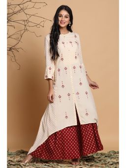 Juniper - Ivory Geometric Printed & Embroidered Rayon Kurta