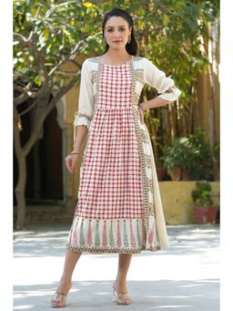 Juniper - Ivory Ethnic Motif Printed Rayon Dress & Dori Tie-Up with Tassels On Sleeves