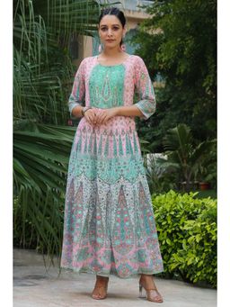 Juniper - Peach Ethnic Motif Printed Georgette Maxi Dress with Belt (Set of 2)