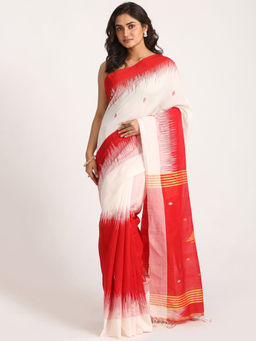 Angoshobha - Red & White Cotton Blended Handloom Jamdani Saree with Unstitched Blouse