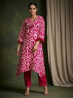 Gahan - Ikat Printed Boho Flared Sleeve Pink Kurta with Pant
