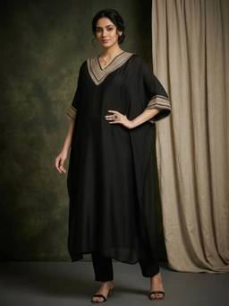 Gahan - Women Zari Embroidered Lace Neck Flared Black Kaftan Kurta With Pant