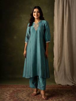 Gahan - Teal Embroidered A Line Kurta with Pant