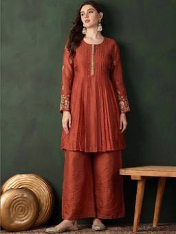 Gahan - Rust Embroidered Floral Kurta with Palazzo