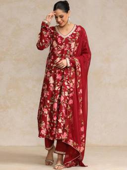 Gahan - Floral Printed V Neck Red Anarkali Kurta with Pant & Dupatta