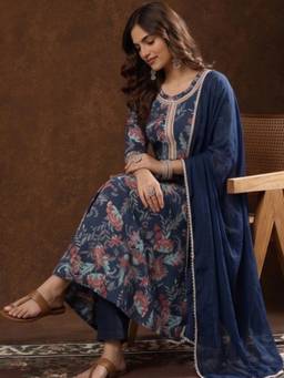 Gahan - Women Floral Printed Zari Detailed Blue Anarkali Kurta with Pant & Dupatta