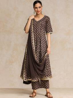 Gahan - Ethnic Jaipuri Printed Brown Anarkali Kurta With Pant & Dupatta