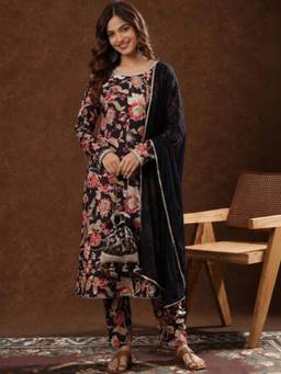 Gahan - Women Ethnic Floral Printed Round Neck Black Kurta with Pant & Dupatta