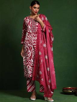 Gahan - Women Pink Floral Printed Thread Embroidered Cotton Kurta with Pant & Dupatta