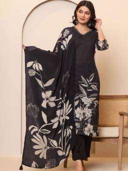Gahan - Women Floral Printed V Neck Embroidered Black Kurta with Pant & Dupatta