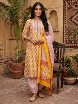 Gahan - Women Ethnic Jaipuri Printed Yellow Kurta With Salwar & Dupatta