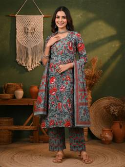Gahan - Women Ethnic Floral Printed Mandarin Neck Grey Kurta with Pant & Dupatta