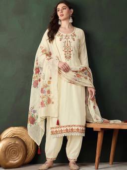 Gahan - Women Floral Motif Thread Embroidered Yoke Off White Kurta with Salwar & Dupatta