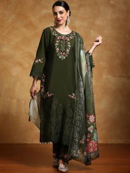 Gahan - Women Floral Embroidered Schffili Hem Green Kurta with Pant & Dupatta