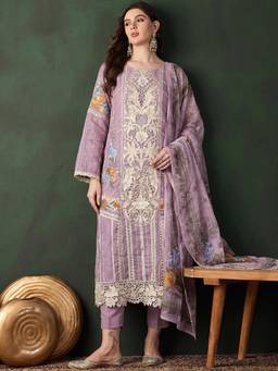 Gahan - Women Floral Embroidered Cotton Lavender Kurta with Pant & Dupatta