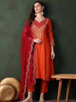 Gahan - Zari Embroidered A Line Orange Kurta with Pant & Dupatta