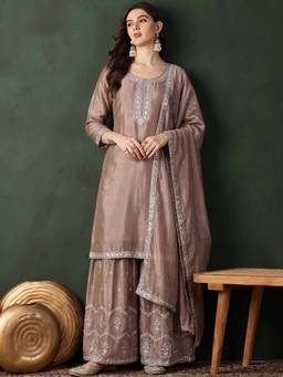 Gahan - Women Bead Work Beige Kurta With Sharara And Dupatta